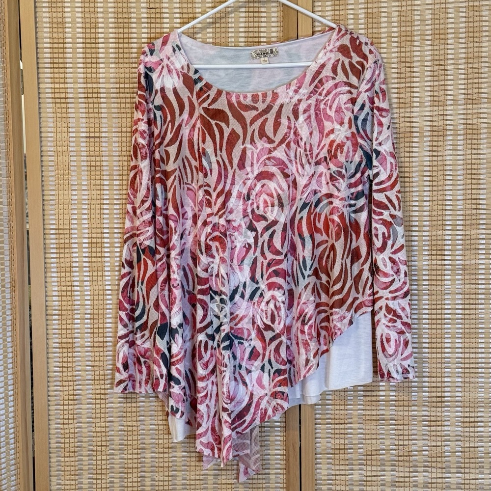 One World Womens L Top Floral Pink White Geometric Boho Whimsical Fairycore